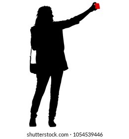 Silhouettes woman taking selfie with smartphone on white background