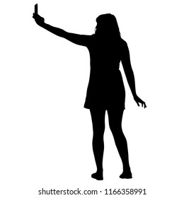 Silhouettes woman taking selfie with smartphone on white background