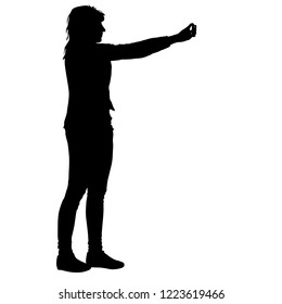 Silhouettes woman taking selfie with smartphone on white background