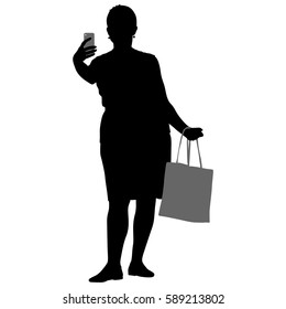 Silhouettes woman taking selfie with smartphone on white background. Vector illustration.