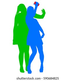 Silhouettes woman taking selfie with smartphone on white background. Vector illustration