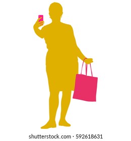 Silhouettes woman taking selfie with smartphone on white background. Vector illustration