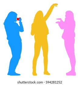 Silhouettes woman taking selfie with smartphone on white background. Vector illustration.
