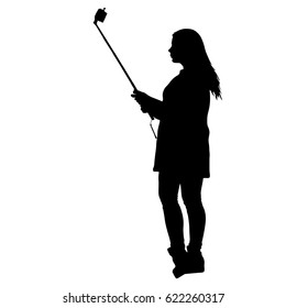 Silhouettes woman taking selfie with smartphone on white background