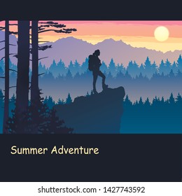 Silhouettes of woman traveler with backpacks in the forest. Mountain landscape. hiking, trekking, backpacking.