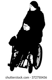 Silhouettes woman in wheelchair on white background