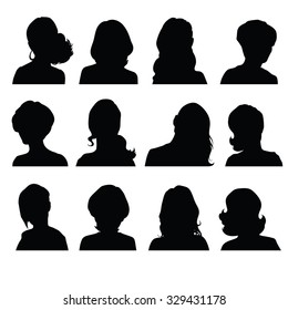 Silhouettes of a woman's head in frontal with different hairstyles