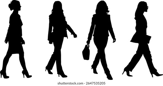 Silhuetas de mulheres em trajes de negócios em movimento. Silhuetas pretas de meninas em ternos