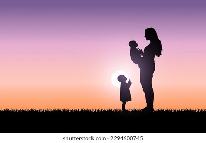 Siluetas de mujeres con hijos al atardecer. Ilustración vectorial del concepto del día de la madre. Silhouette de madre e hijo.