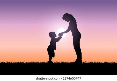 Siluetas de mujeres con hijos al atardecer. Ilustración vectorial del concepto del día de la madre. Silhouette de madre e hijo.