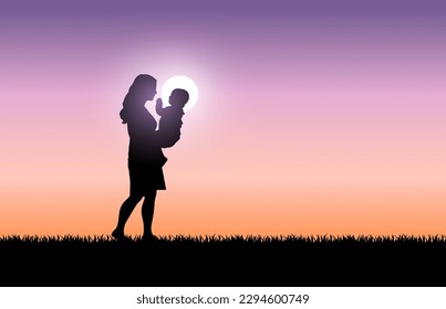 Siluetas de mujeres con hijos al atardecer. Ilustración vectorial del concepto del día de la madre. Silhouette de madre e hijo.