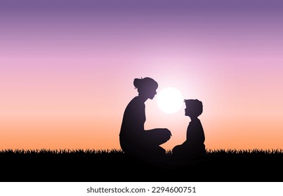 Siluetas de mujeres con hijos al atardecer. Ilustración vectorial del concepto del día de la madre. Silhouette de madre e hijo.