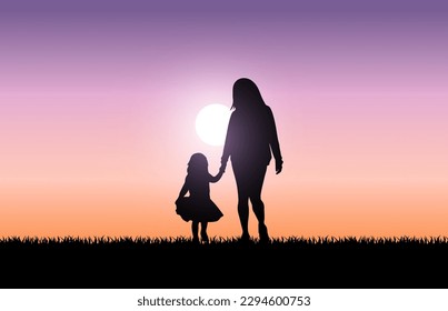 Siluetas de mujeres con hijos al atardecer. Ilustración vectorial del concepto del día de la madre. Silhouette de madre e hijo.