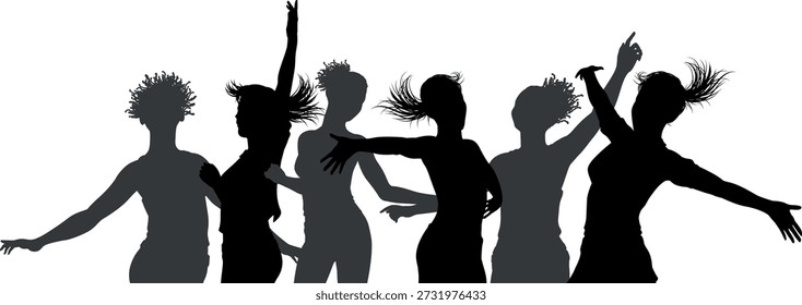 Silhuetas de mulheres dançando em movimento dinâmico, adequadas para cenas em um show, festa, festival ou celebração. Perfeito para temas de música, energia, vida noturna, cultura de desempenho e estilo de vida moderno