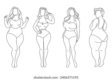 Siluetas de mujeres con diferentes figuras, ambientadas, esbozadas. Concepto de positividad corporal. Arte de línea, vector