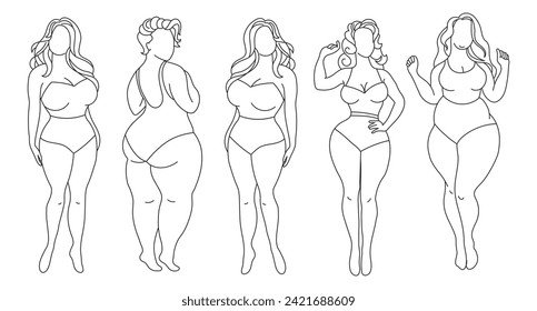 Siluetas de mujeres con diferentes figuras, ambientadas, esbozadas. Concepto de positividad corporal. Arte de línea, vector