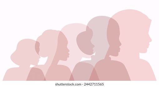 Silhouettes of Women of different Nationalities. Concept of Feminism, Struggle for Rights, Equality, International Women's Day, Mother's Day. Vector illustration in flat style