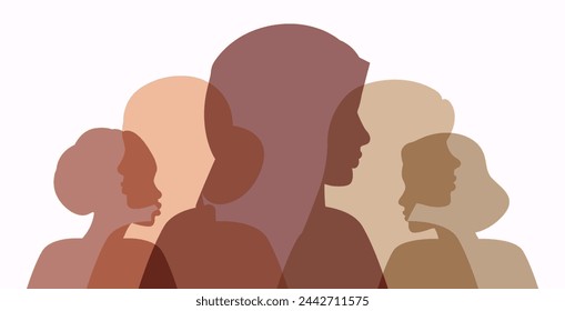 Siluetas de mujeres de diferentes nacionalidades. Cartel del Día Internacional de la Mujer. Mujeres de diferentes etnias están juntas. Ilustración aislada del vector