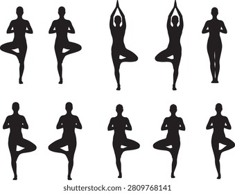 Silhouettes of women in different tree yoga poses on white