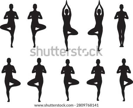 Silhouettes of women in different tree yoga poses on white