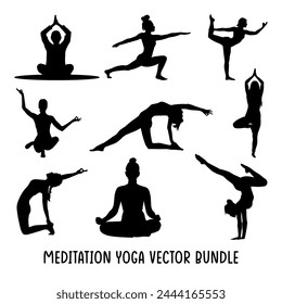 Silhouettes of women doing meditation and yoga poses. Group of women doing yoga fitness workout. Asana set svg