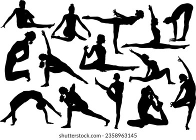 Silhouettes of women doing Yoga. Collection of poses. Vector illustration. white background.	