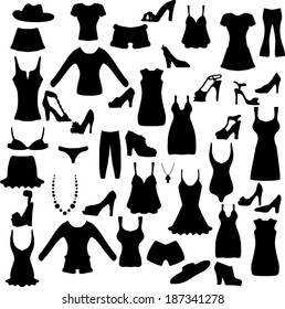 silhouettes of women dress and shoes, set of design element,vector illustration