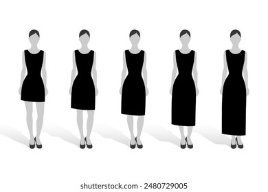 Silhouettes of women in dresses of different lengths, concept of choosing clothes length to look fit or fat, taller or shorter, fashion and beauty issues