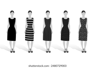 Silhouetten von Frauen in Kleidern mit verschiedenen Mustern, Konzept der Auswahl von Zeichnungen auf Kleidung, um fit oder dick auszusehen, größer oder kürzer, Mode und Schönheit Themen
