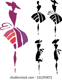 silhouettes of women in dresses and hats on a white background. Company logo design.