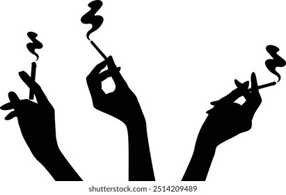 Mano de las mujeres de las siluetas con el cigarrillo, mano que fuma en el fondo transparente, diseño del Vector, sistema