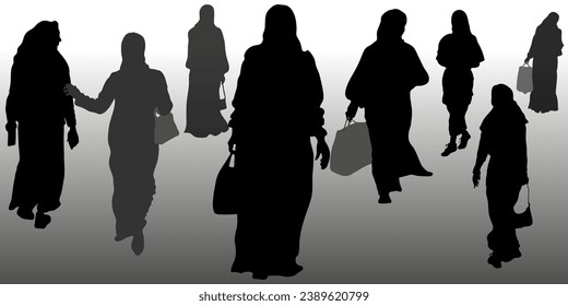 Silhouettes of women in hijabs with a phone and bags in their hands, 8 figures, walking towards each other. Vector illustration.