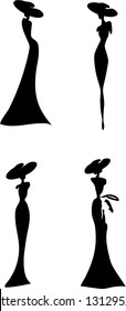 silhouettes of women in long dresses and hats on a white background. Company logo design.