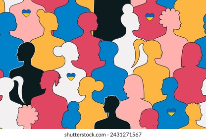 Silhouettes of women and men of different nationalities and ages with Ukraine in their hearts together form a seamless pattern. Vector.
