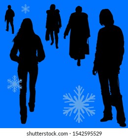 Silhouettes of women outdoors in warm clothes in winter walking on a pedestrian street. Vector