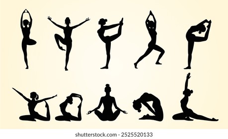 Silhouettes of women performing various yoga poses, demonstrating flexibility, balance, and mindfulness. The figures are shown in different postures like standing, seated, and stretching.