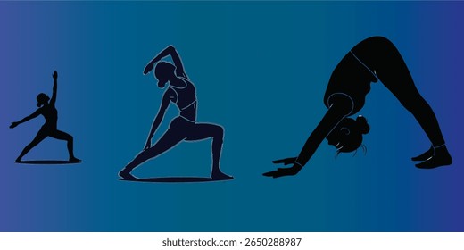 Silhouettes of women performing yoga poses on a blue gradient background. Keywords: yoga, silhouette, women, pose, wellness.