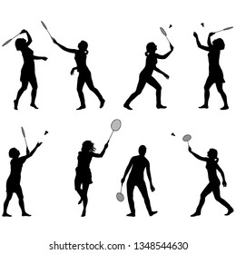 Silhouettes of women playing badminton white background