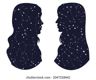 Silhouettes of women portraits with constellations. Decorative elements for posters, cards, prints, stickers, wallpaper, fabric, textile, gift paper, scrapbooking