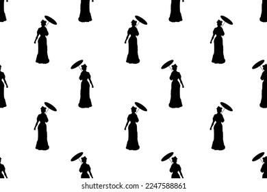 Silhouettes of women in poses with retro sun umbrella. Black and white seamless pattern with style lady in vintage dress. Wallpaper and bed linen print with englishwoman of 30s.