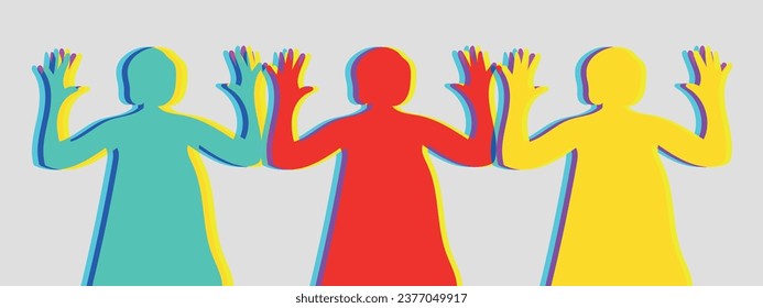 Silhouettes of women with raised hands on white background Riso Print with women Risograph effect Minimalist art print Vector