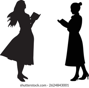 Silhouettes of Women Reading Books - Elegant Female Figures in Side View