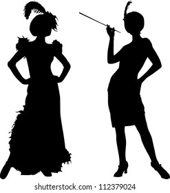 Silhouettes of women with retro costumes from cabaret