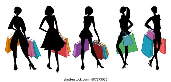 Silhouettes of women with shopping bags. Vector illustration.