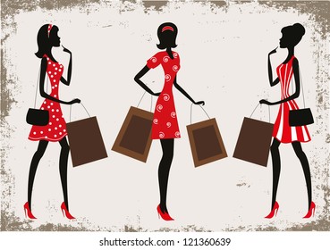Silhouettes of a women shopping, vintage style
