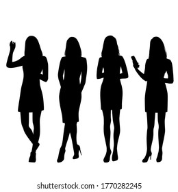 Silhouettes of a women standing in different poses,  business people,vector illustration, black color, isolated on white background