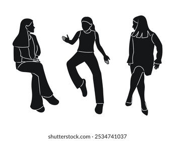 Silhouettes of women, teenagers, a group of sitting on a bench business people, profile