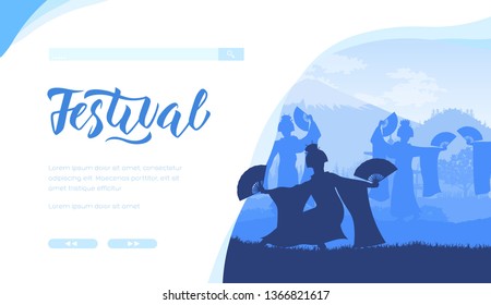 Silhouettes of women in traditional costumes with hand fans performing japanese dance in festival. Dancing show of geishas in kimono with beautiful poses and figures. Vector for website. Copy space.