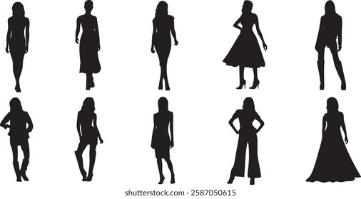 silhouettes of women in various dresses and outfits vector illustration Adobe Illustrator Artwork