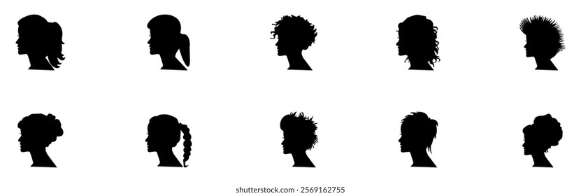 Silhouettes of women with various hairstyles and profiles on a plain background. Vector Illustration. EPS 10